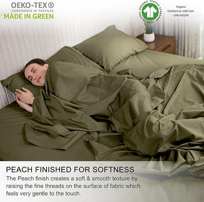 RUVANTI 100% Organic Cotton Sheets Split King, Percale Weave, GOTS Certified, 5-Piece Set, Deep Pocket 15", Crisp & Breathable, Soft Durable Bedding, Sábanas Algodón Orgánico – Olive