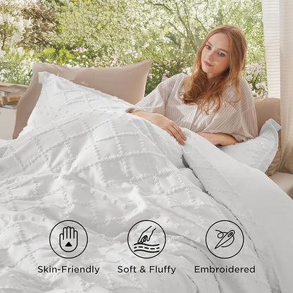 Bedsure Boho Duvet Cover King Size - Boho Bedding, Tufted King Duvet Cover for All Seasons, 3 Pieces Embroidery Shabby Chic Home Bedding,Comforter Not Included (White, 104" x 90")