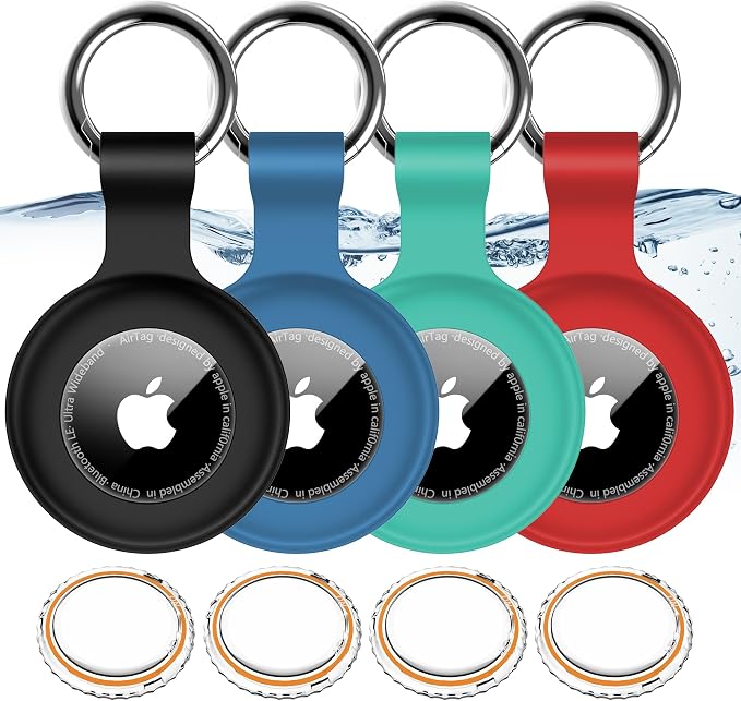 1|2|4Pack for Apple AirTag Holder with Keychain for Air Tag 2nd/1st Gen | Waterproof Air Tag Cover GPS Tracker Anti-Scratch Silicone Air-Tag Case for Pets,Kids,Bags-Black+Blue+Green+Red