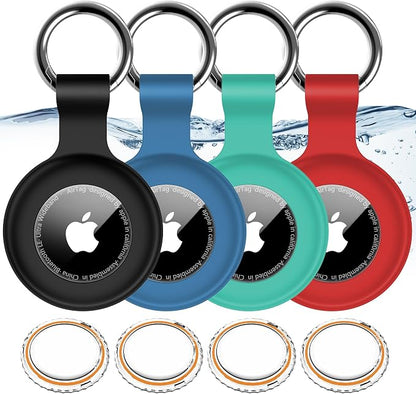1|2|4Pack for Apple AirTag Holder with Keychain for Air Tag 2nd/1st Gen | Waterproof Air Tag Cover GPS Tracker Anti-Scratch Silicone Air-Tag Case for Pets,Kids,Bags-Black+Blue+Green+Red
