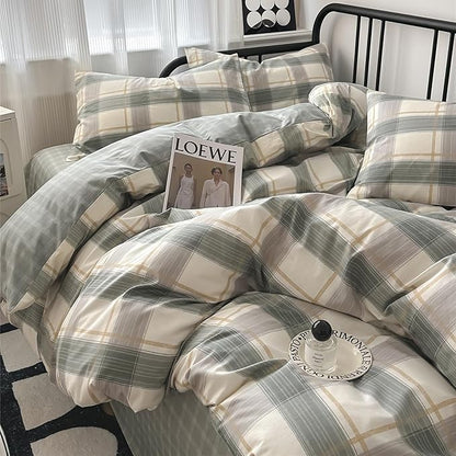 LifeTB Green Plaid Duvet Cover Twin Soft Cotton Grid Plaid Bedding Set Geometric Checkered Gingham Comforter Cover for Men Boys Modern Style Plaid Comforter Cover 1 Duvet Cover with 2 Pillowcases