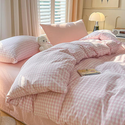 BOLINLIVING Gingham Queen Comforter Set 3 Pieces, Soft Breathable Bed in a Bag Queen Size, Pink White Checkered Plaid Bedding Set for All Season, 1 Comforter & 2 Pillowcases