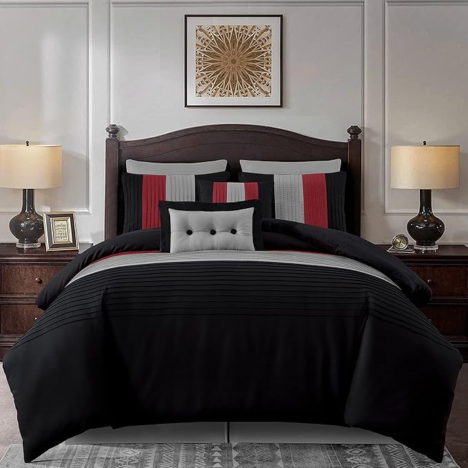 Chezmoi Collection Loft 8-Piece Luxury Striped Comforter Set (King, Red/Black/Gray)