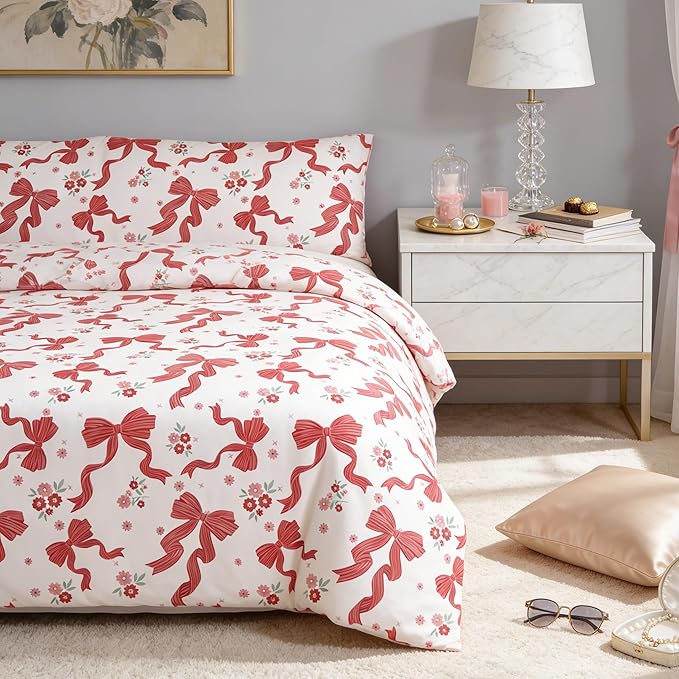 Red Bow Comforter Set Queen for Girls, 3Pcs Ribbon Bowknot Bedding for Kids Kawaii Bedroom Decor, Dreamy Priness Girly Puple Stripe Bows Comforter Set with 2 Pillowcases, 90"x90"