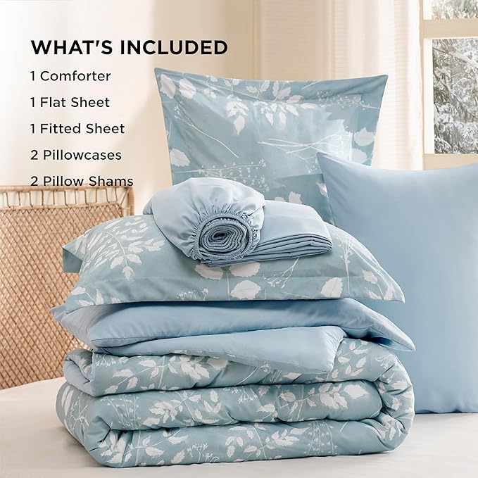 Bedsure Sky Blue King Comforter Set - 7 Pieces Floral Bedding Sets, King Bed in a Bag with Reversible Botanical Flowers Comforter, Sheets, Pillowcases & Shams