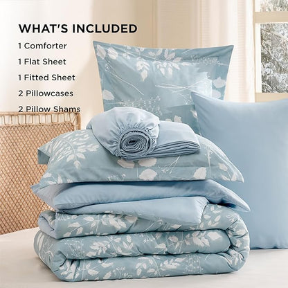 Bedsure Sky Blue King Comforter Set - 7 Pieces Floral Bedding Sets, King Bed in a Bag with Reversible Botanical Flowers Comforter, Sheets, Pillowcases & Shams