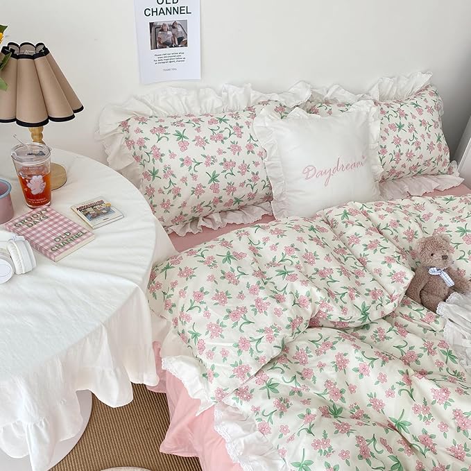 HighBuy White Lace Comforter Set Queen Pink Floral Bedding Set Ruffled Lace Comforter with 2 Ruffle Pillowcases Coquette Cottagecore Comforter Sets for Women Girls,Quilted,Cozy Soft