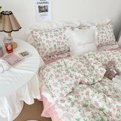 HighBuy White Ruffle Comforter Set Twin XL with Blush Flower Romantic Lace Comforter with 2 Ruffle Lace Pillowcases Coquette Cottagecore Bedding Set 3 Piece Shabby Chic Floral Comforter Sets