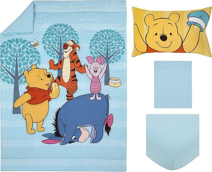 Disney Winnie The Pooh Funny Friends Aqua, Gold, Blue and Orange, Tigger, Eeyore and Piglet 4 Piece Toddler Bed Set - Comforter, Fitted Bottom Sheet, Flat Top Sheet, and Reversible Pillowcase