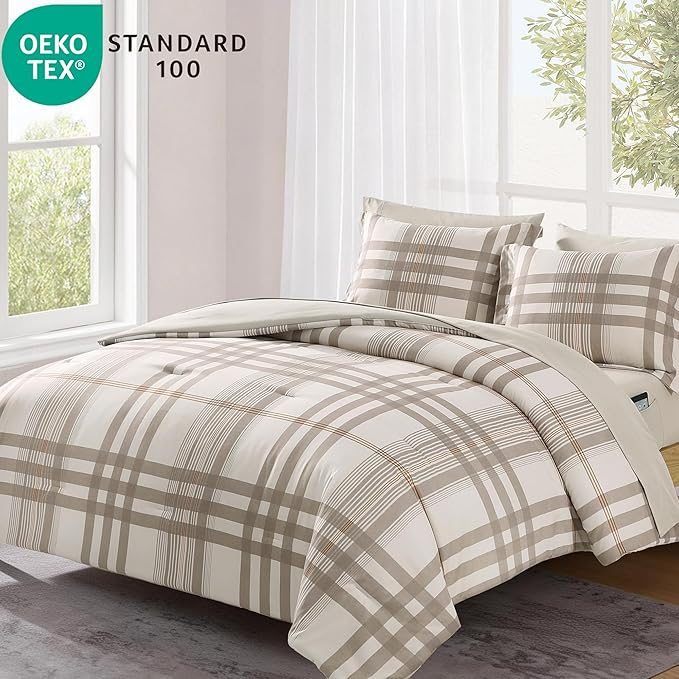 MaiRêve Twin XL Comforter Set Brown Grey, Classic Plaid Farmhouse Bedding Sets 5 Pieces for Boys Girls Teen, All Season Bed in a Bag for Dorm with Sheets, Pillowcase & Sham