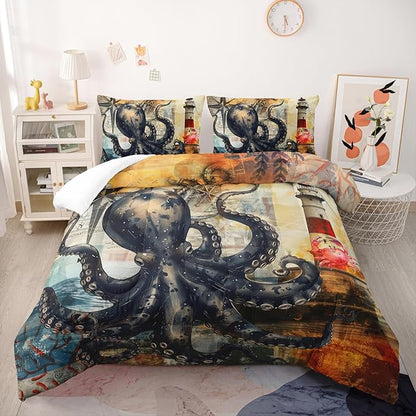 Octopus Comforter Set Queen Port Lighthouse Bedding Sets 3PCS for Kids Teen Adult Ocean Room Decor Ultra-Soft Lightweight Microfiber 1 Comforter with 2 Pillowcases