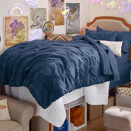 Bedsure Twin XL Comforter Set - Extra Long 5 Pieces Dorm Bedding Sets, GentleSoft™ Pinch Pleat Navy Blue Bed in a Bag with Pintuck Comforter, Sheets, Pillowcase & Sham