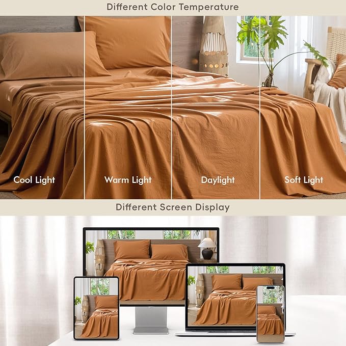 MooMee Bedding Sheet Set 100% Washed Cotton Linen Like Textured Breathable Durable Soft Comfy (Solid Burnt Orange, California King)