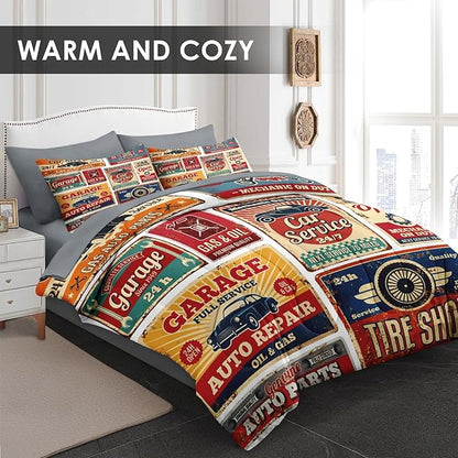 Comforter Set Queen Size, Vintage Car Auto 7 Pcs Bedding for Kids and Adults, Retro Vehicle Automotive Bed Sheet Sets with Fitted Sheet 2 Pillowcases & 2 Shams for Bedroom Bed Decor