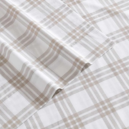 Eddie Bauer - King Sheet Set, Cotton Percale Bedding Set, Super Soft and Bedding Set, Oeko-Tex Certified (Basic Plaid Beige, King)