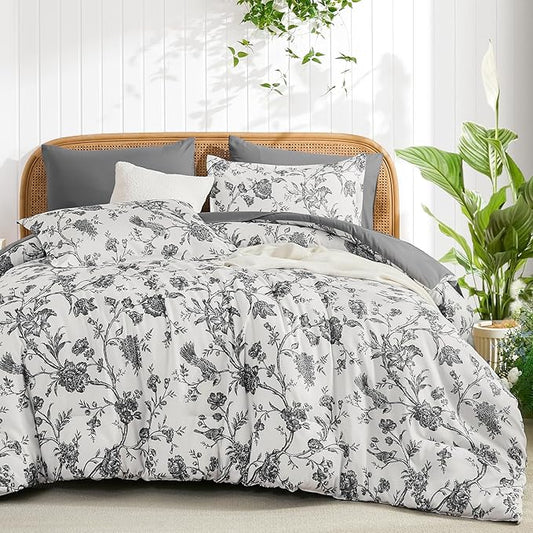 Luxudecor Floral Comforter Set Queen Size 7 Pieces, Dark Grey Flower with Bird Bed in a Bag, Soft Reversible Comforter with Sheet Bed Set 90"x90"