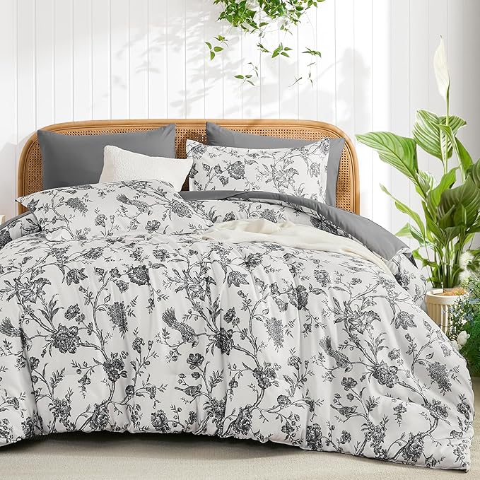 Luxudecor Floral Comforter Set King Size 7 Pieces, Dark Grey Flower with Bird Bed in a Bag, Soft Reversible Comforter with Sheet Bed Set 104"x90"