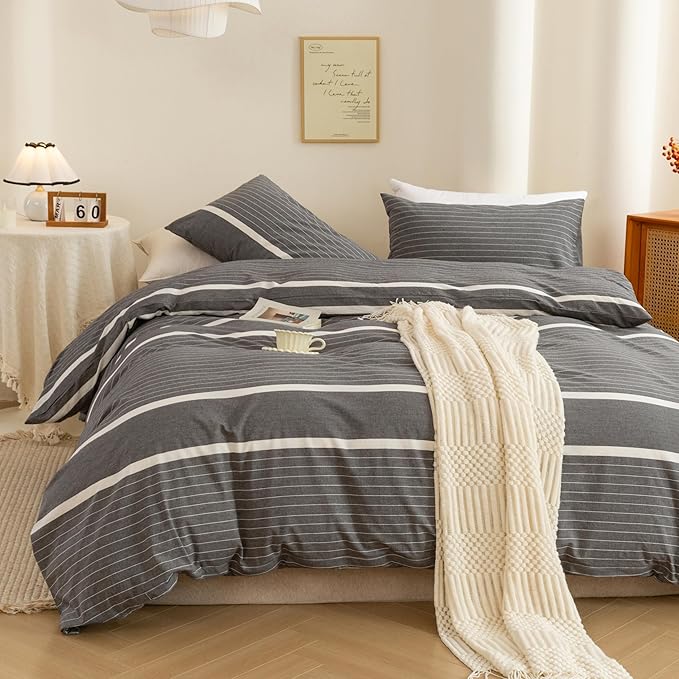 ECOCOTT Duvet Cover Set, 100% Washed Cotton Linen-Like Textured Soft & Breathable, Durable Comfy Bedding Set for All Seasons California King Size, Grey Stripes