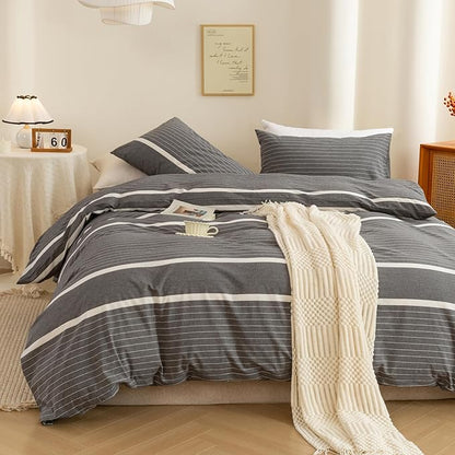 ECOCOTT 3 Pieces Duvet Cover Set King 100% Washed Cotton 1 Duvet Cover with Zipper and 2 Pillowcases, Ultra Soft and Easy Care Breathable Cozy Simple Style Bedding Set(Grey Stripes)