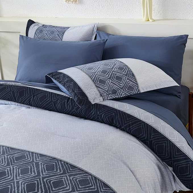 Dinjoy Blue King Size Comforter Set,Striped Boho Bed in a Bag King 7 Pieces Soft Fall Bedding Comforters Microfiber Mineral Blue Complete Sets for All Season