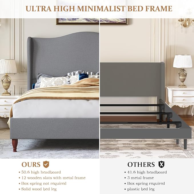 koorlian Queen Size Upholstered Bed Frame with 51'' Tall Headboard, Grey | Reinforced Platform Bed, Easy Assembly, Soft Fabric, Sleigh Wingback, Solid Wood Retro Legs, Noise-Free, Classic & Simple