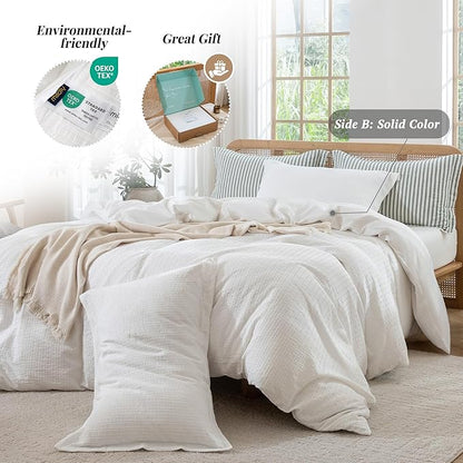 MILDLY White Striped Duvet Cover - 100% Washed Cotton Jacquard Textured Comforter Cover with Dual Zipper Closure & 8 Coner Ties