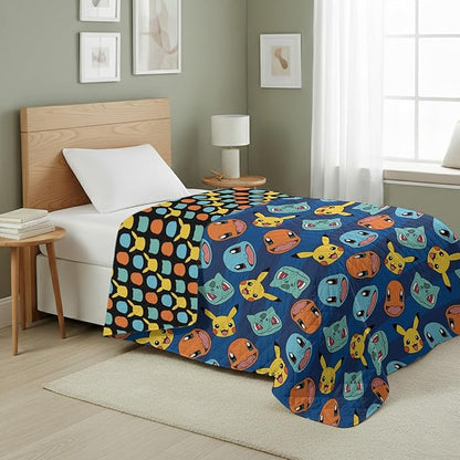 Northwest Pokémon Striped Favorites Quilted Throw Blanket – Oversized Blanket Featuring Pikachu, Charmander, Bulbasaur & Squirtle, Soft and Comfy for Bed, Couch, 60 x 80 Inches