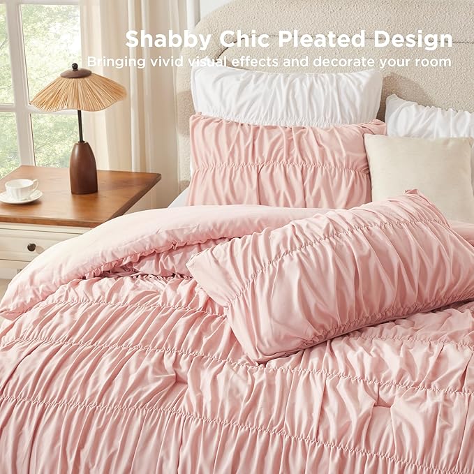 Andency Ruched Blush Pink Queen Comforter Set, Shabby Chic Pleated Bedding Sets 3 Pieces, Lightweight Soft Boho Ruffle Bed Set for Girls, Kids, Women, All Season