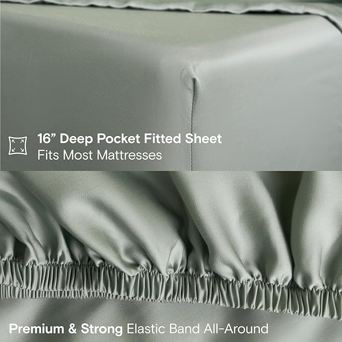 DOZ Sheet Set, 100% Viscose derived from Bamboo, Organically Grown, Buttery Soft, Cooling Sheets, High GSM, Deep Pockets - 4 Piece - 2 Pillowcases 1 Fitted 1 Top Sheet (Sage, Cal King)