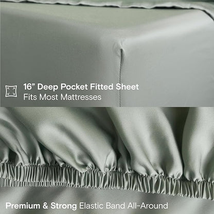 DOZ Sheet Set, 100% Viscose derived from Bamboo, Organically Grown, Buttery Soft, Cooling Sheets, High GSM, Deep Pockets - 4 Piece - 2 Pillowcases 1 Fitted 1 Top Sheet (Sage, Cal King)