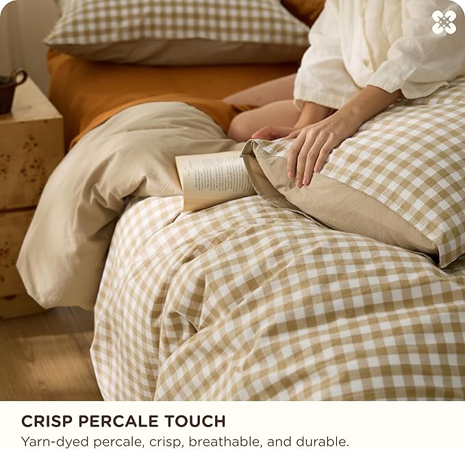Bedsure Gingham Duvet Cover King Size, 100% Washed Cotton PureWoven Duvet Cover Linen Like Textured, Classic Yarn-Dyed Checkered Pattern Enhances Bedroom Comfort and Style, Gingham Khaki, 104"x90"