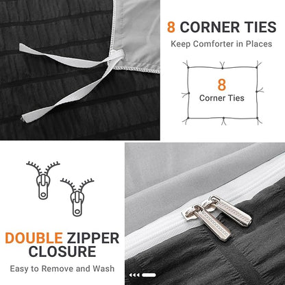 HYMOKEGE Black/Light Grey Duvet Cover Queen Size, Ultra Soft 3-Piece Seersucker Duvet Cover Set with Zipper Closure, Soft Brushed Microfiber Bedding Set with 8 Corner Ties (90"x90", 2 Pillowshams)