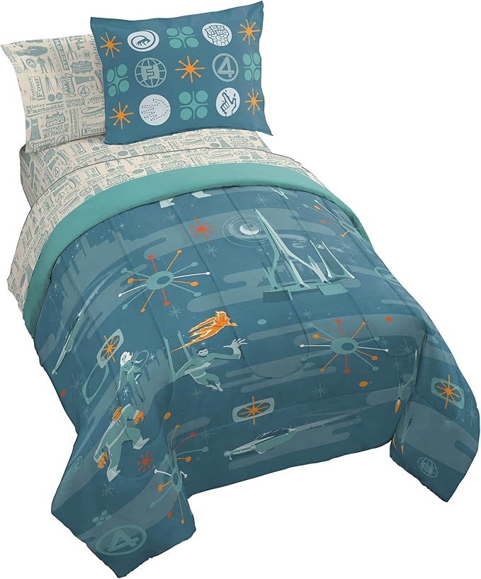 Jay Franco Comforter Set Includes Sheets and Pillow Covers - Soft and Cozy Bed Set for Stylish Room Decor, Blue - The Fantastic Four, 5 Piece Twin Size Bedding