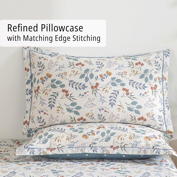 Botanical Cotton Comforter Queen Size - Lake Green Comforter with Dusky Blue & Warm Rust Leaves on Ivory,Reversible Lightweight Bedding Sets 3Pcs(Polka Dot)