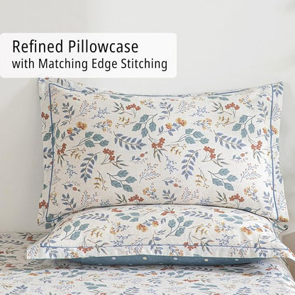 Botanical Cotton Comforter Queen Size - Lake Green Comforter with Dusky Blue & Warm Rust Leaves on Ivory,Reversible Lightweight Bedding Sets 3Pcs(Polka Dot)