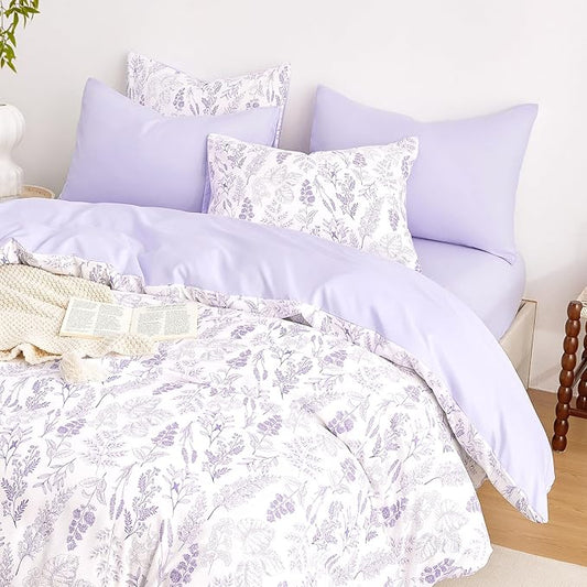 Wake In Cloud - Floral Duvet Cover Set, Botanical Vintage Flower Coquette Cottagecore Aesthetic for Women Teen Girls, Soft Lightweight Bedding, 3-Piece, Lilac, Queen Size