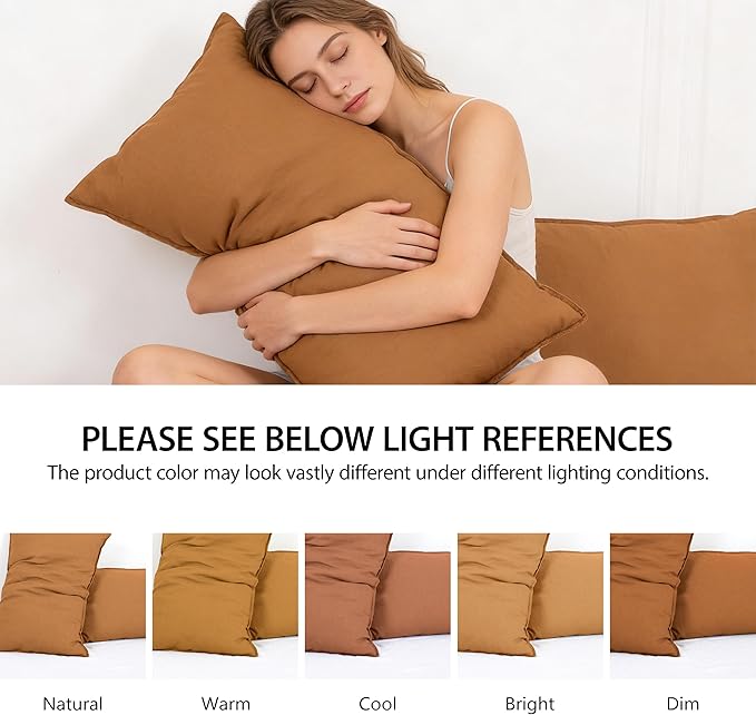 Simple&Opulence 100% Linen Pillowcases Basic Style Solid Color Set of 2, King Size Stone Washed Flax Pillow Cover Envelope Closure (20''x40'', Rust)