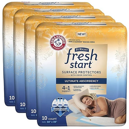 FitRight Fresh Start Disposable Underpads 30" x 36" (40 Count) Bed Pads for Incontinence, Absorbent Chucks Pads with The Odor-Control Power of ARM & HAMMER (10 Count, Pack of 4)