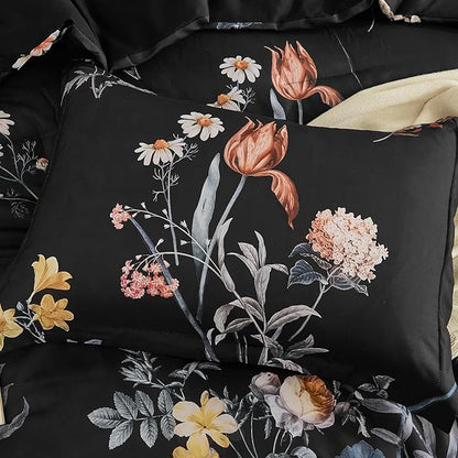 WONGS BEDDING Queen Comforter Set 7 Piece, Black Floral Bed in a Bag Bedding Set with Botanical Flowers Patterns, Soft Lightweight Complete Comforters with Sheets for All Season