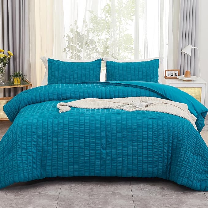 AveLom Teal Seersucker California King Comforter Set (104x96 inches), 3 Pieces-100% Soft Washed Microfiber Lightweight Comforter with 2 Pillowcases, All Season Down Alternative Bedding Set