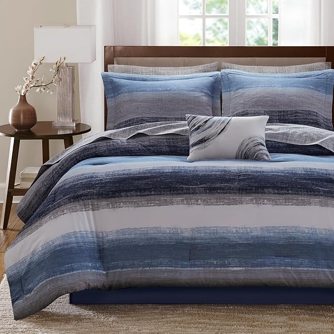 Madison Park Essentials Twin Comforter Set, Bed in a Bag, Watercolor Print Coastal Comforter & Chambray Cotton Sheet Set, All Season Bedding Set, Saben, Navy Twin (68 in x 86 in) 7 Piece