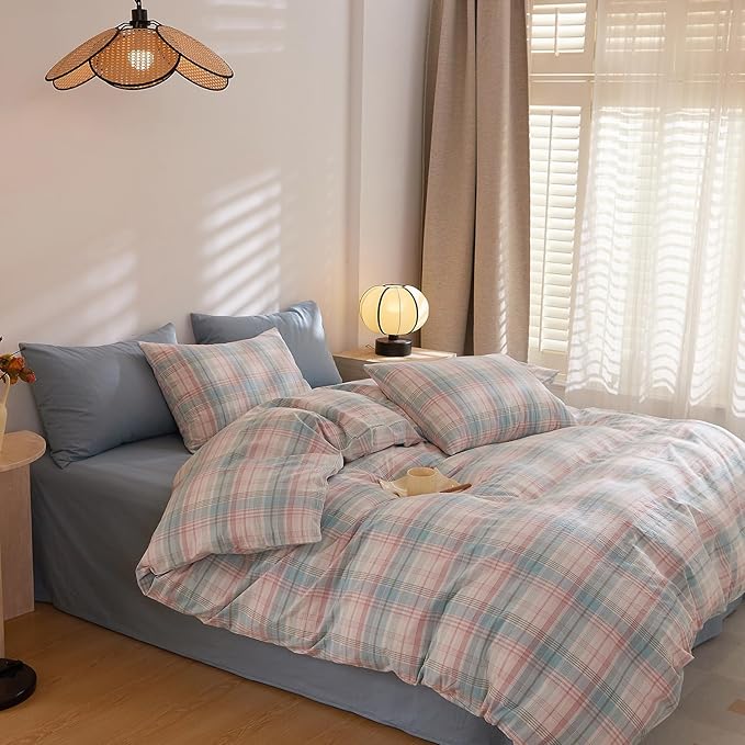 EAVD Cotton Grid Plaid Duvet Cover Twin Size Colorful Gingham Duvet Cover Set 3 Pieces Modern Grid Checkered Bedding Set with 2 Pillowcases Reversible Gingham Bedding Set for Girls Boys Women Men