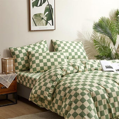 Houseri Sage Green and White Comforter Set King Plaid Light Green Beige Grid Bedding Checkerboard King Size Comforter Sets Women Men Grass Green Buffalo Plaid Comforters King Gingham Bedding Sets King