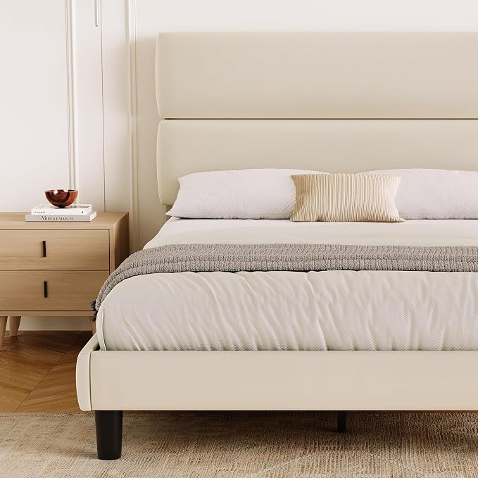 GRUSIGN King Size Platform Bed Frame with Velvet Headboard, Adjustable Height Wooden Slats Support, Upholstered Mattress Foundation, Fits Mattress or Mattress with Box Spring, Easy Assembly, Beige