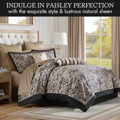 Madison Park Aubrey Cozy Comforter Set, Faux Silk Jacquard Paisley Design - All Season Down Alternative Bedding with Cotton Bed Sheets, Bed Skirt & Toss Pillows, California King Black 12 Piece