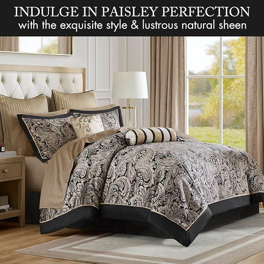 Madison Park Aubrey Cozy Comforter Set, Faux Silk Jacquard Paisley Design - All Season Down Alternative Bedding with Cotton Bed Sheets, Bed Skirt & Toss Pillows, California King Black 12 Piece
