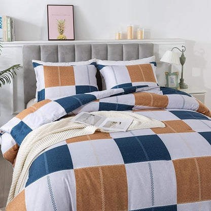 Caressma Plaid Checkered Comforter Set Navy Blue and Gray, Fluffy Brown Geometric Grid Buffalo 3 Pieces Comforter Set Queen with Two Matching Pillow Shams