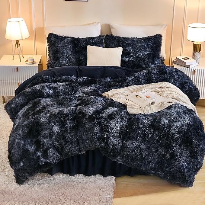 Andency Faux Fur Tie-Dyed Black Blue Comforter King Size, 3 Pieces Fluffy Fuzzy Plush Bedding Comforter Set (1 Shaggy Velvet Comforter & 2 Pillowcases), Soft Puffy Comfy Down Comforter Bedding Set