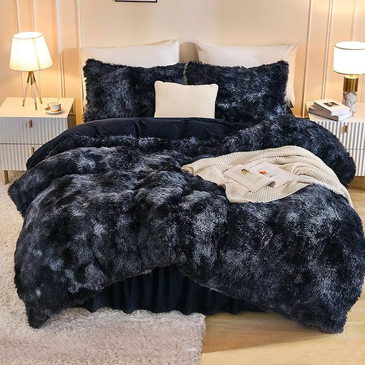 Andency Faux Fur Tie-Dyed Black Blue Comforter Set Full Size, 3 Pieces Fluffy Fuzzy Plush Bedding Comforter Set (1 Shaggy Velvet Comforter & 2 Pillowcases), Soft Puffy Down Comforter Bedding Set