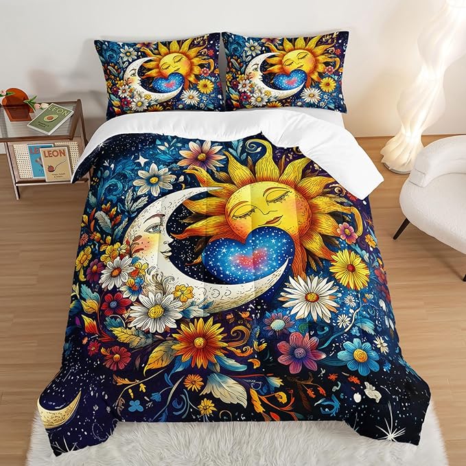Bedding Sun and Moon Set King Size,Colorful Flowers Bohemian Exotic Gothic Comforter Sets for Kids Teens Girls Room Decor,Universe Galaxy Bedding with 2 Pillowcases.